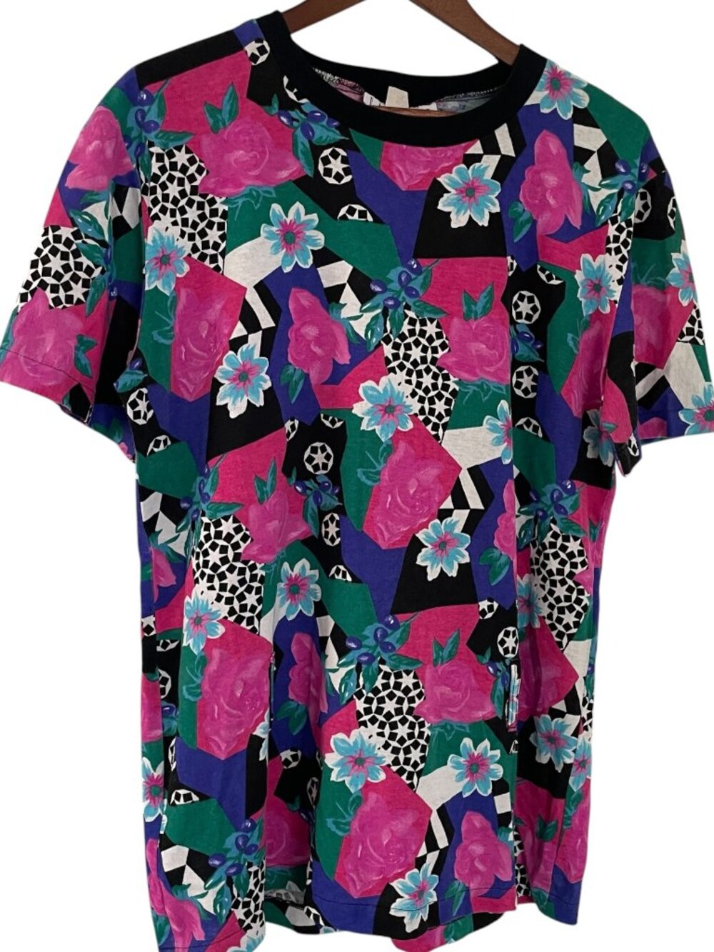 Vintage 80s LA Central Tunic T Shirt Top Large L Black Pink Abstract Floral